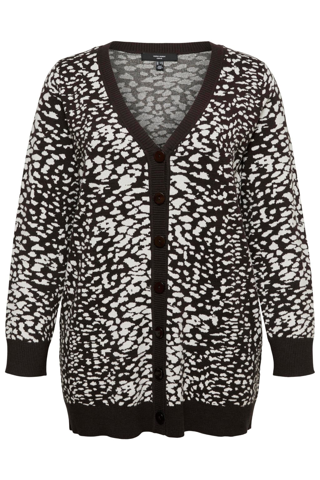 Zwart en ecru dames VERO MODA CURVE rechtvallend gebreide vest Plus Size van viscose met lange mouwen en knoopsluiting