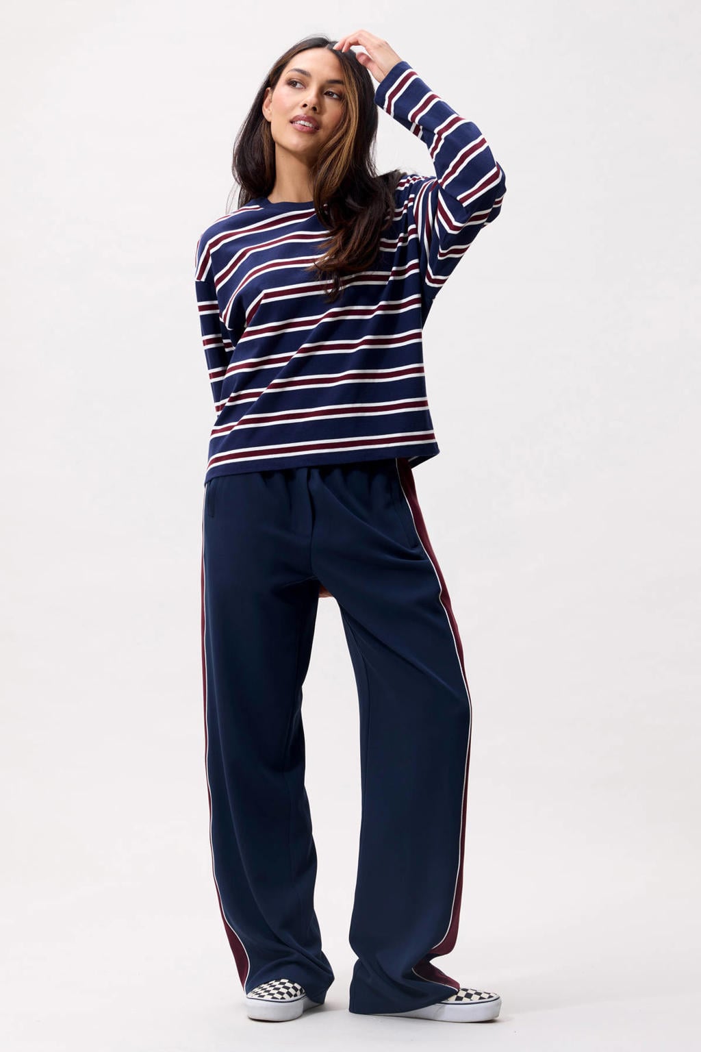 Marineblauw, marine en rode dames Catwalk Junkie rechtvallende gestreepte top blauw met lange mouwen en ronde hals