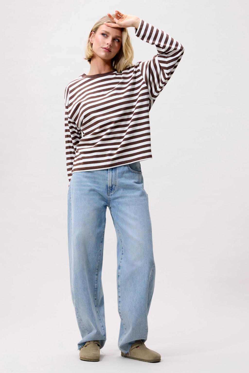 Bruine dames Catwalk Junkie rechtvallende gestreepte top met lange mouwen en ronde hals