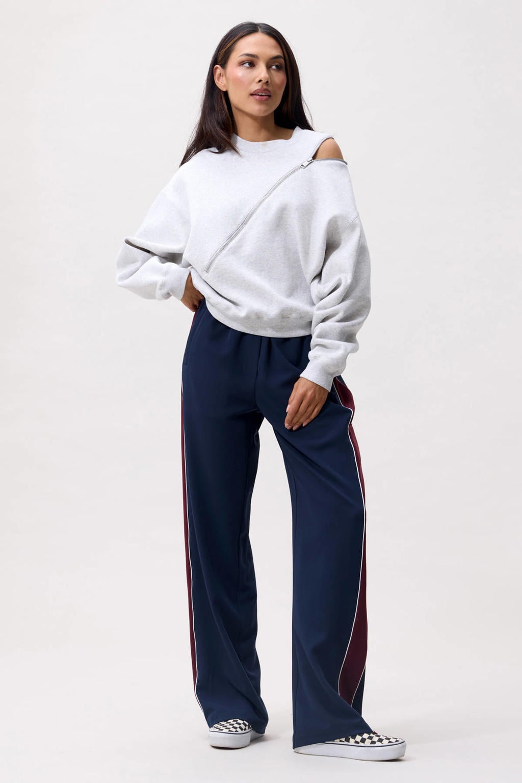 Grijs melange dames Catwalk Junkie sweater van polyester met effen, lange mouwen, ronde hals en sierrits