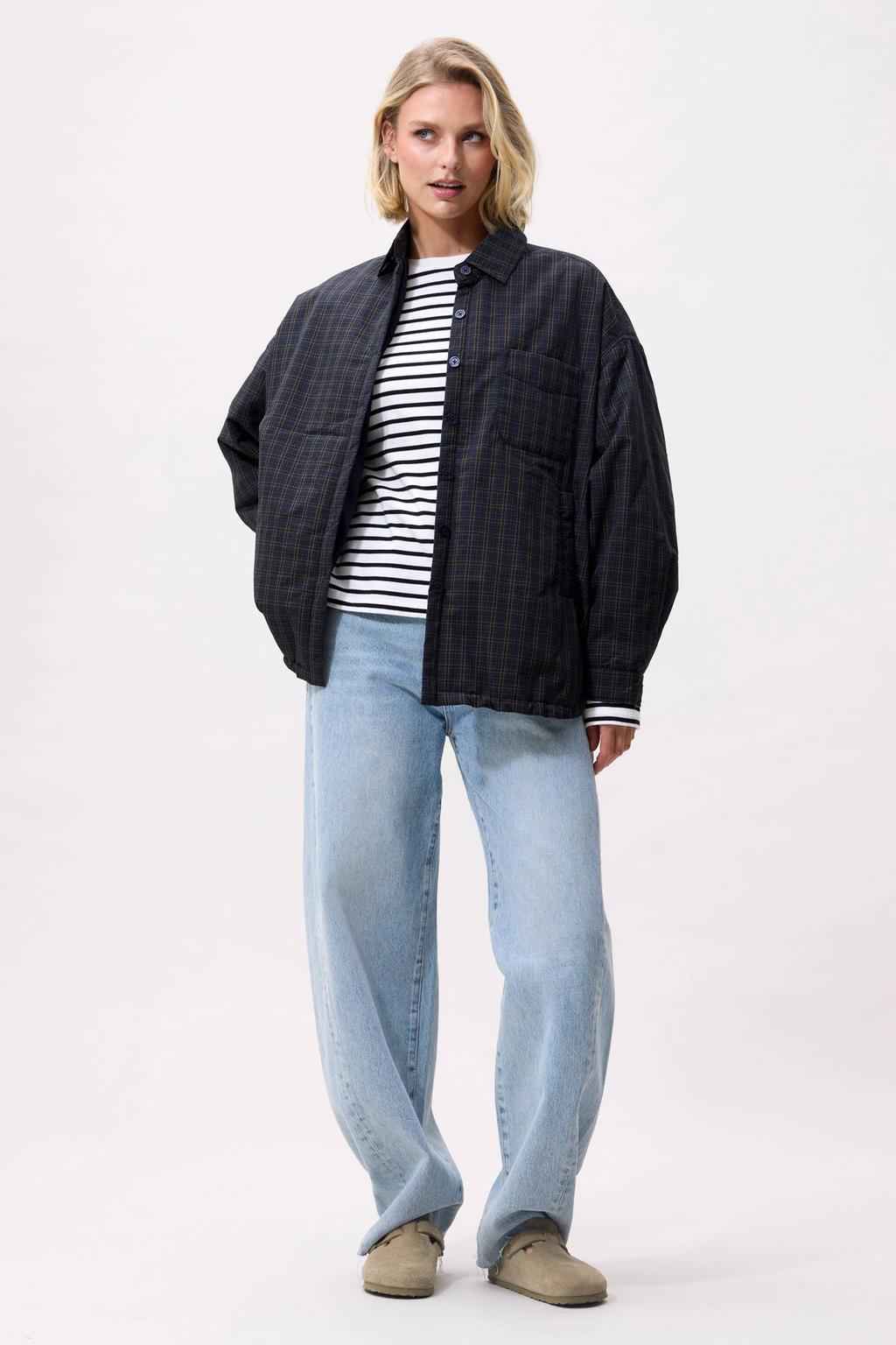 Marineblauw dames Catwalk Junkie katoenen gewatteerde geruite jas blauw met lange mouwen, knoopsluiting en tunnelkoord