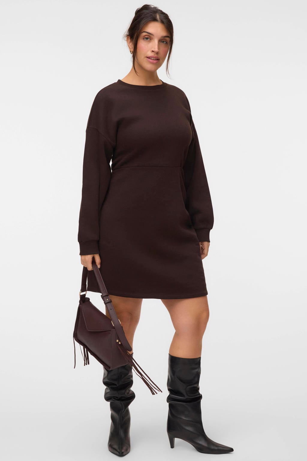 VERO MODA Curve x Wehkamp sweatjurk Plus Size - donkerbruin