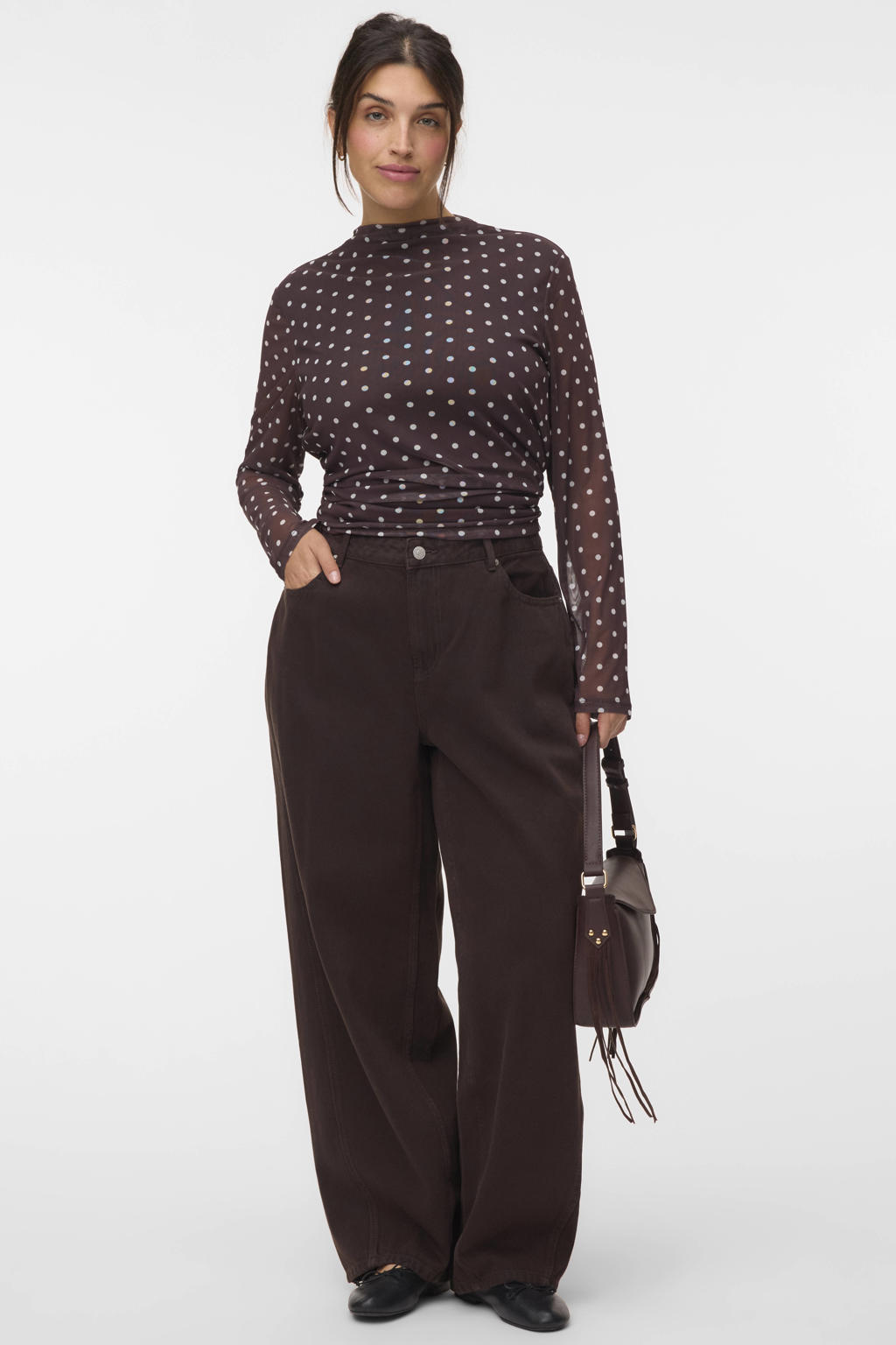 VERO MODA Curve x Wehkamp Plus Size top met stippen - donkerbruin