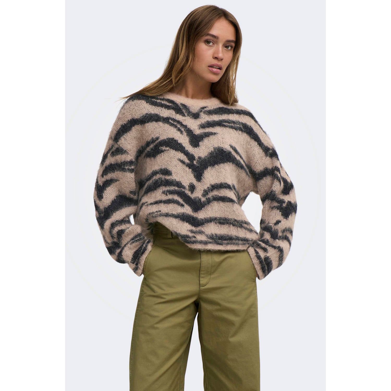 JDY gebreide pullover met zebraprint en wol beige zwart