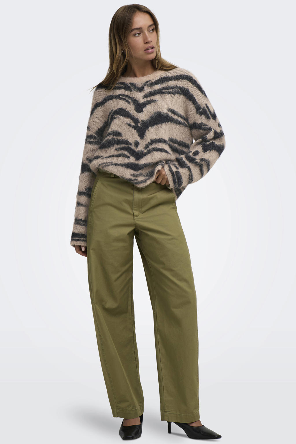 JDY gebreide pullover met zebraprint en wol - beige/zwart
