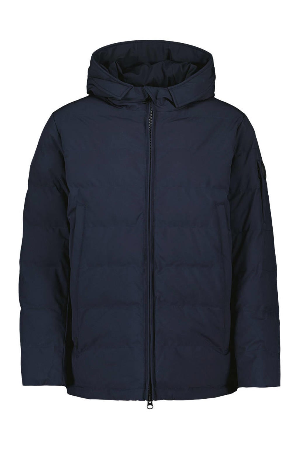 Donkerblauwe heren Airforce Mitchell quilted winterparka van softshell materiaal met effen, lange mouwen, capuchon, 2-way rits en doorgestikte details