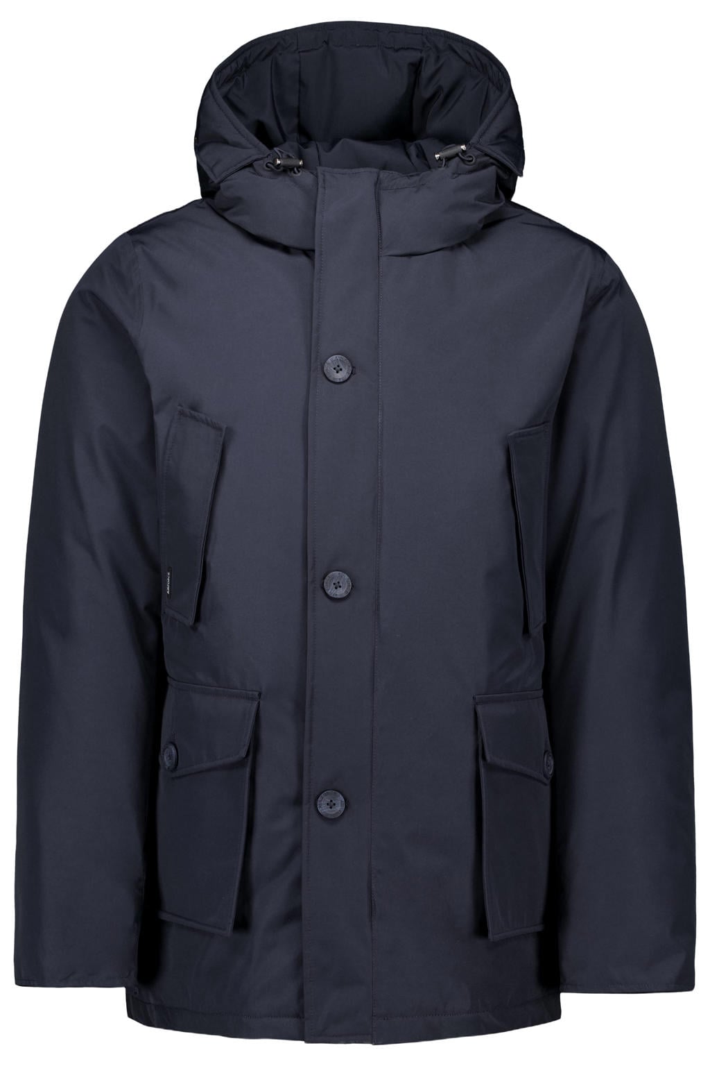Donkerblauwe heren Airforce Classic parka V2 winterparka van polyester met effen, lange mouwen, capuchon en rits- en knoopsluiting