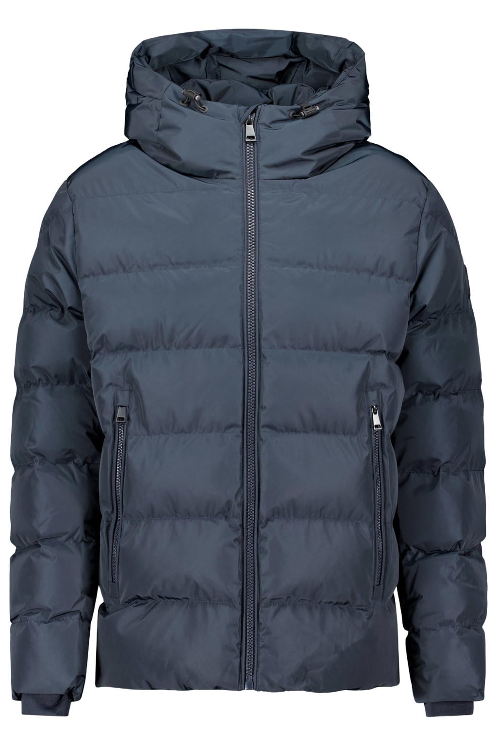 Donkerblauwe heren Airforce Robin quilted winterjas van polyester met effen, lange mouwen, capuchon, ritssluiting en doorgestikte details
