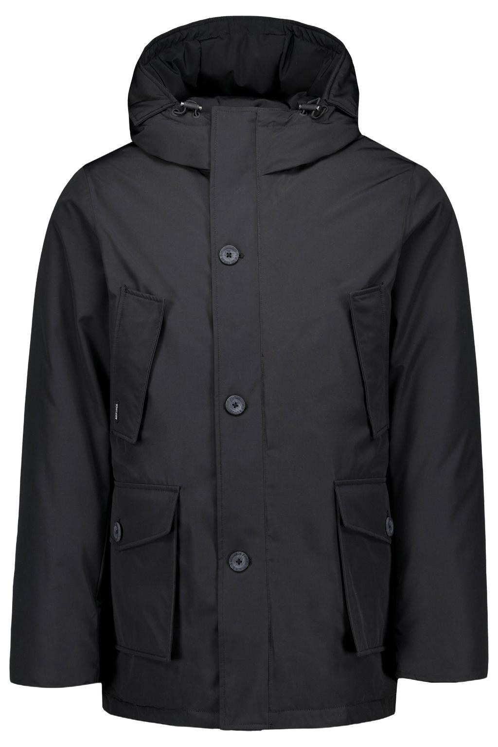 Zwarte heren Airforce winterparka van polyester met effen, lange mouwen, capuchon en rits- en knoopsluiting