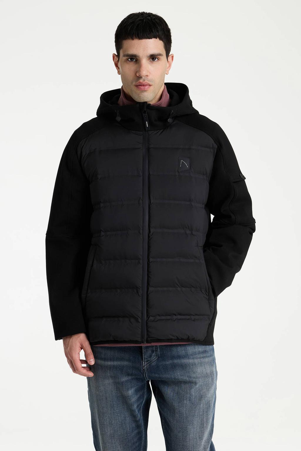 Zwarte heren CHASIN' Theos Hybrid gewatteerde jas van polyester met effen, lange mouwen, capuchon en ritssluiting