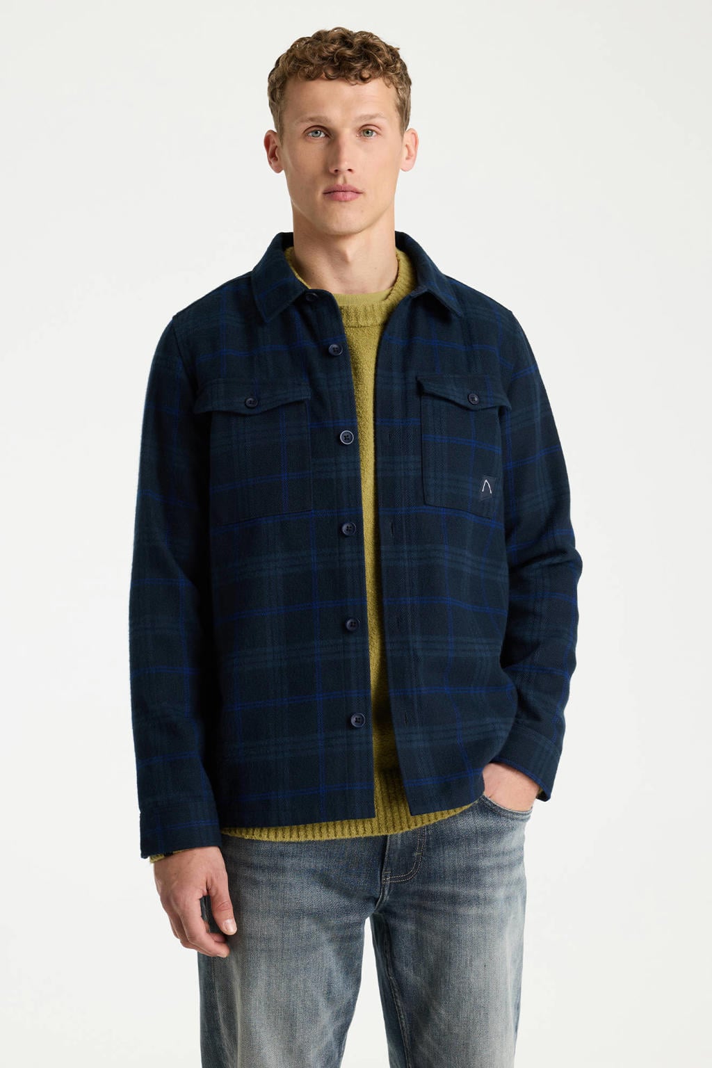 Donkerblauwe heren CHASIN' regular fit geruit overshirt van polyester met lange mouwen