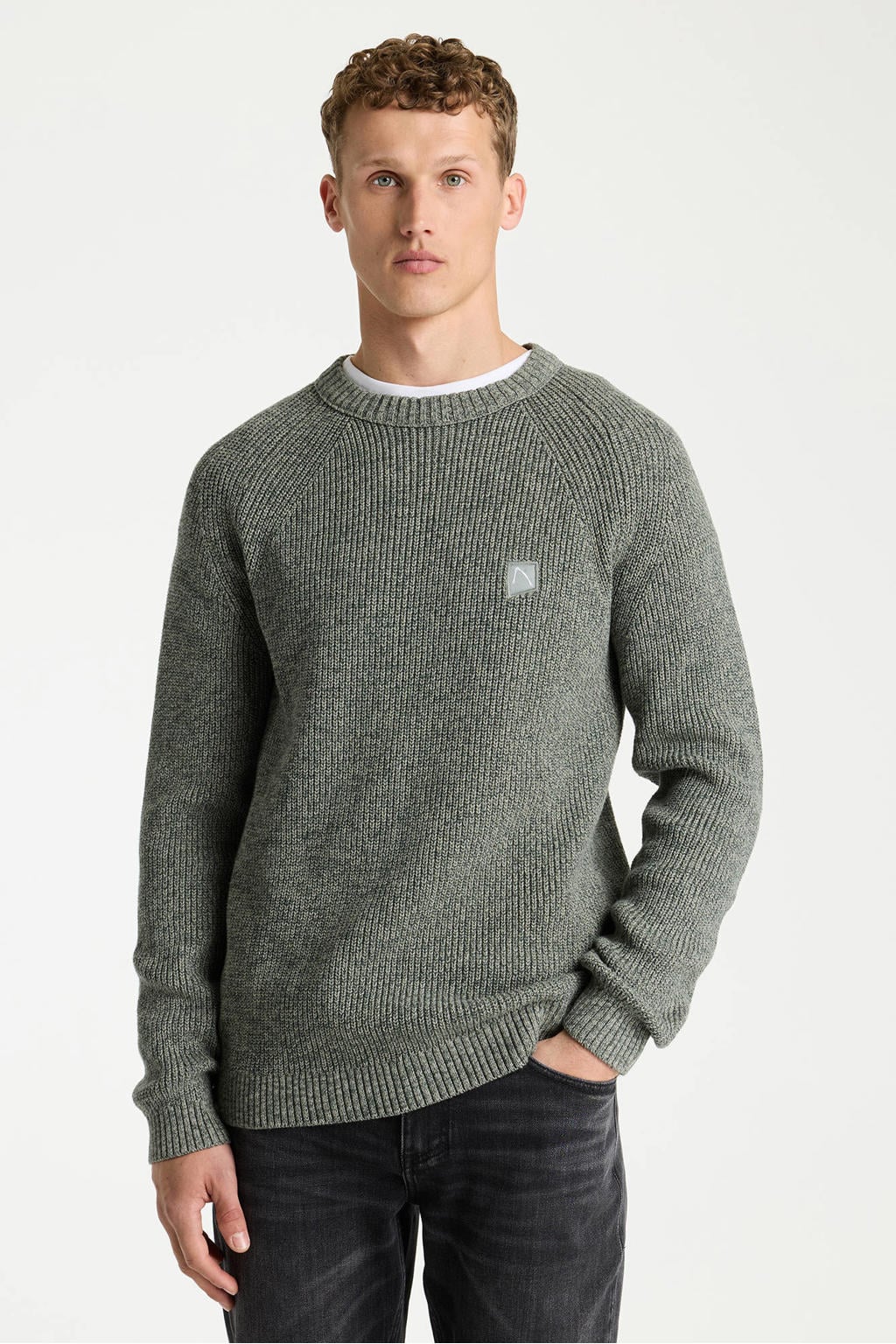 Groene heren CHASIN' katoenen relaxed fit gebreide trui met melée print, lange mouwen en ronde hals
