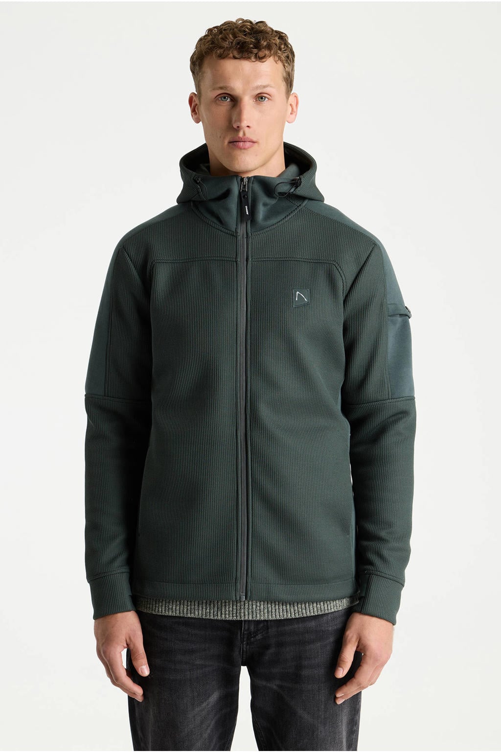 Groene heren CHASIN' sweatvest met effen, lange mouwen, capuchon, ritssluiting en textuur
