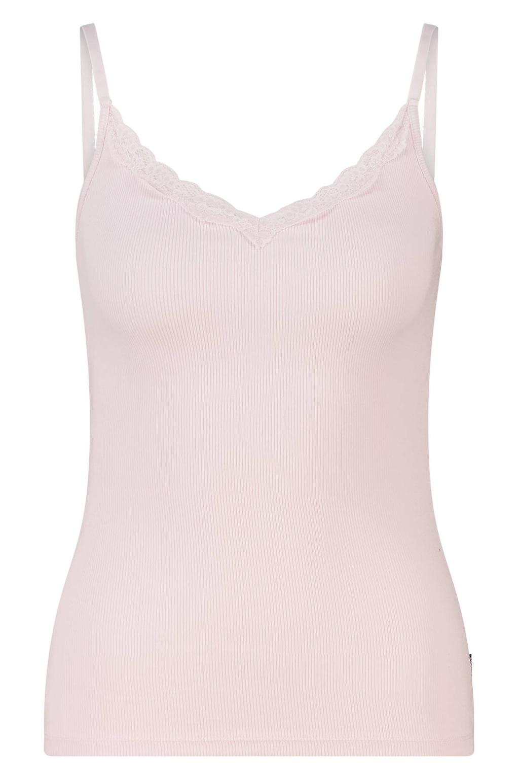 Roze dames America Today top met effen, spaghettibandjes, V-hals en kant
