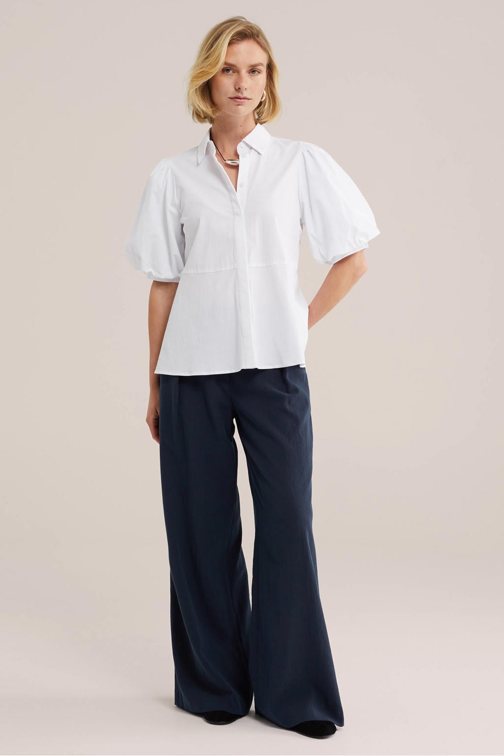Witte dames WE Fashion blouse van katoen met effen, korte mouwen, klassieke kraag en knoopsluiting