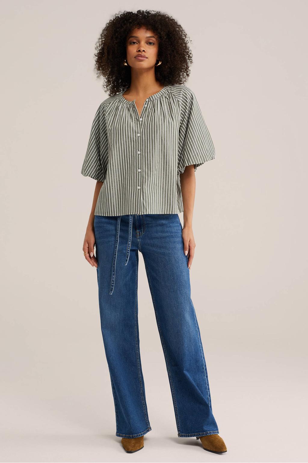 Groen en ecru dames WE Fashion gestreepte blouse van katoen met driekwart mouwen, ronde hals en knoopsluiting
