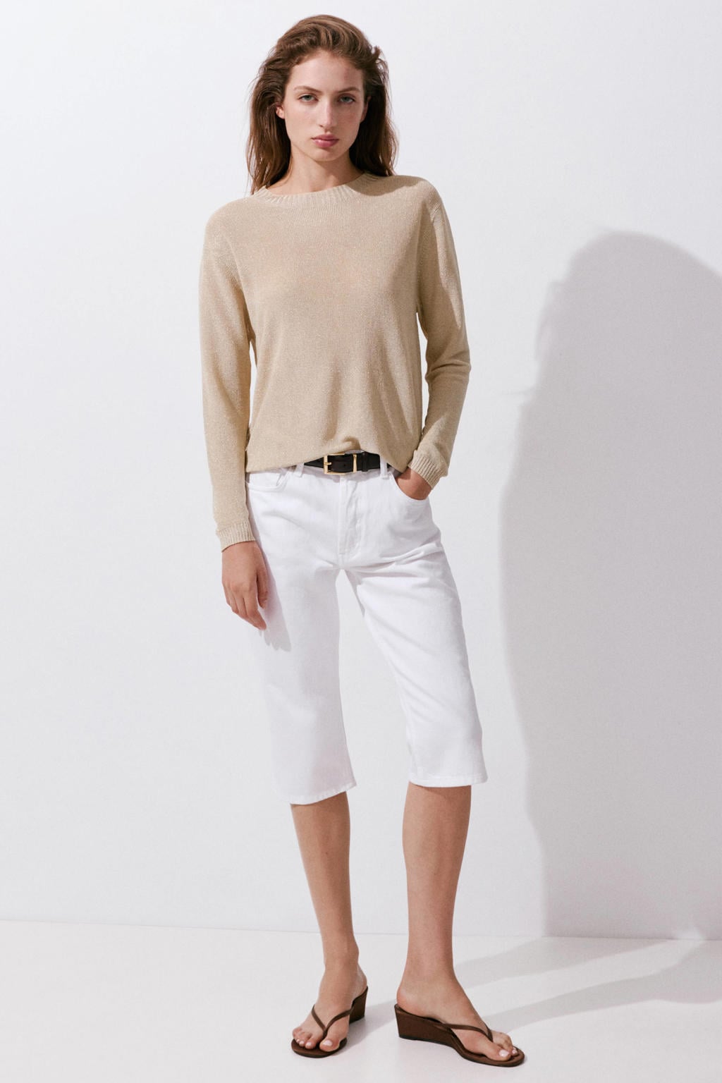 Beige dames Mango gebreide trui van polyester met effen, lange mouwen en ronde hals