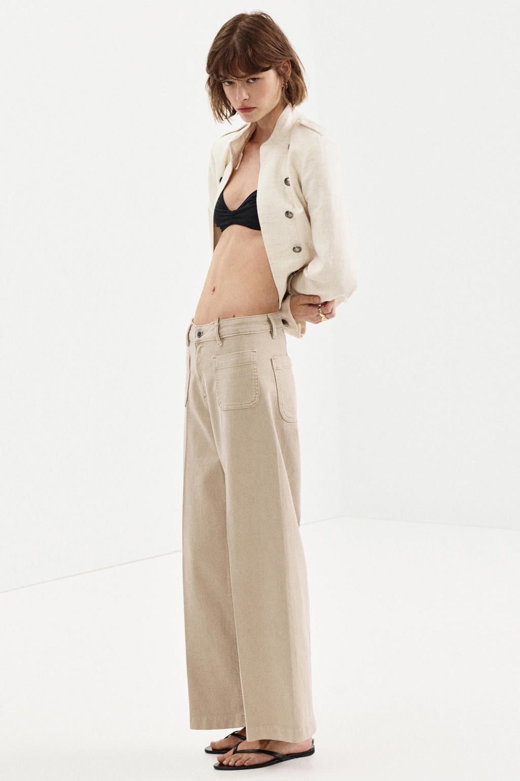 Zandkleurige dames Mango wide leg jeans van denim met rits- en knoopsluiting en effen