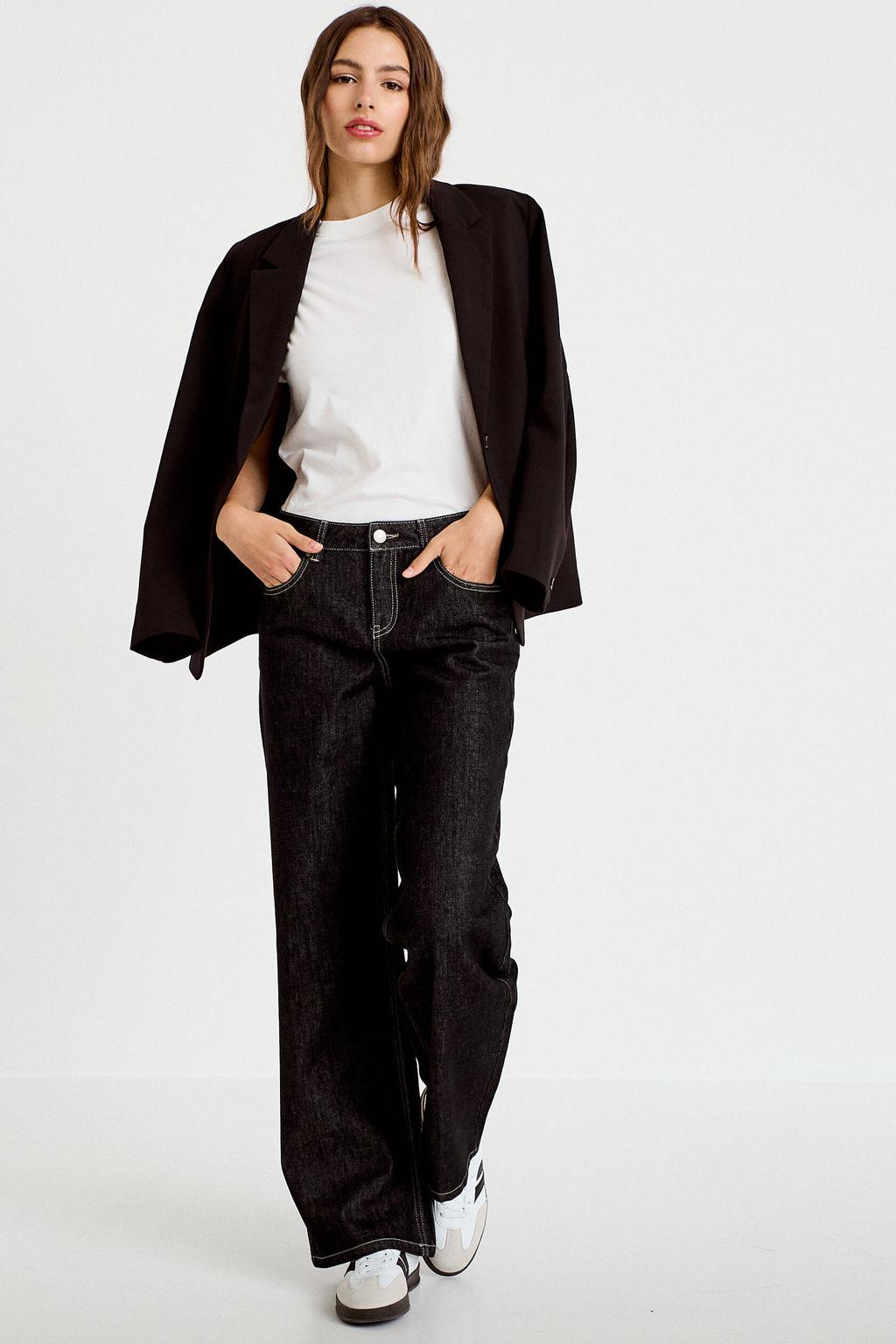Black denim dames Cache Cache wide leg jeans van denim met low waist, rits- en knoopsluiting en effen
