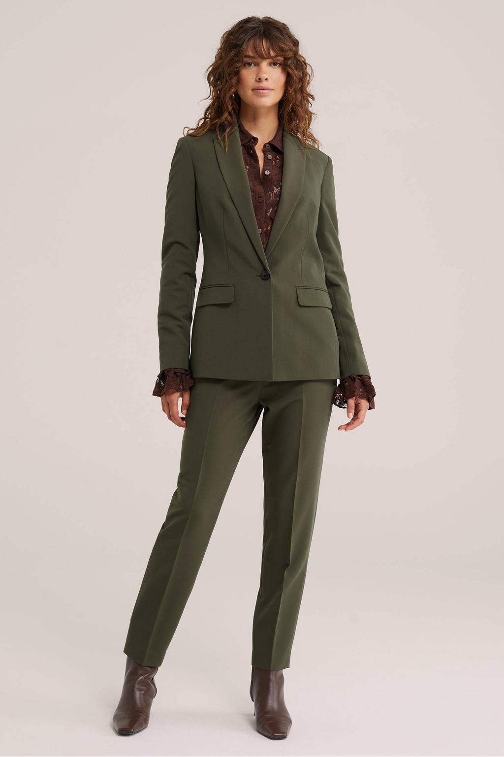 Kakikleurige dames WE Fashion getailleerde blazer van polyester met effen, lange mouwen, reverskraag, knoopsluiting en geweven detail