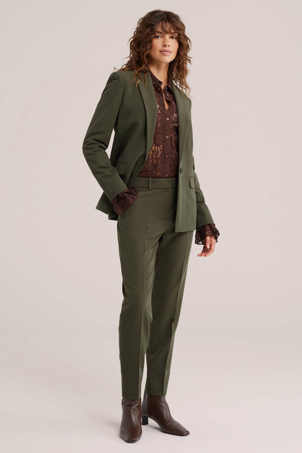 Donkergroene dames WE Fashion tapered pantalon van polyester met regular waist, rits, haak- en knoopsluiting en effen