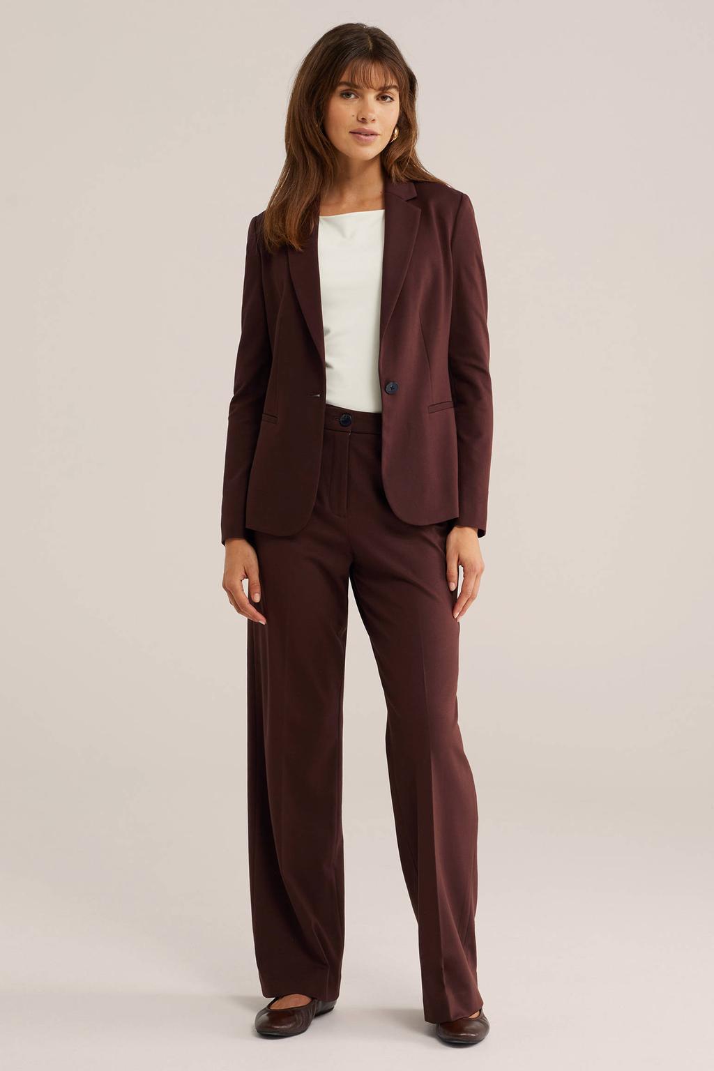 Bruine dames WE Fashion jersey getailleerde blazer van polyester met effen, lange mouwen, reverskraag, knoopsluiting en knoopdetail