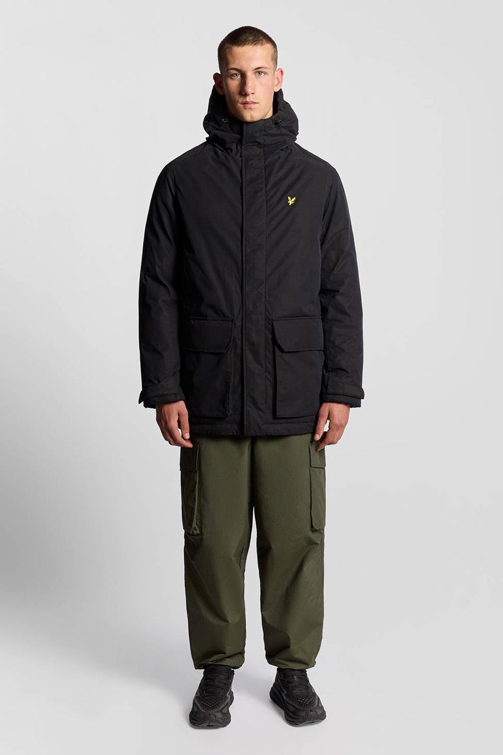 Zwarte heren Lyle & Scott winterparka van polyester met effen, lange mouwen, capuchon en rits- en drukknoopsluiting