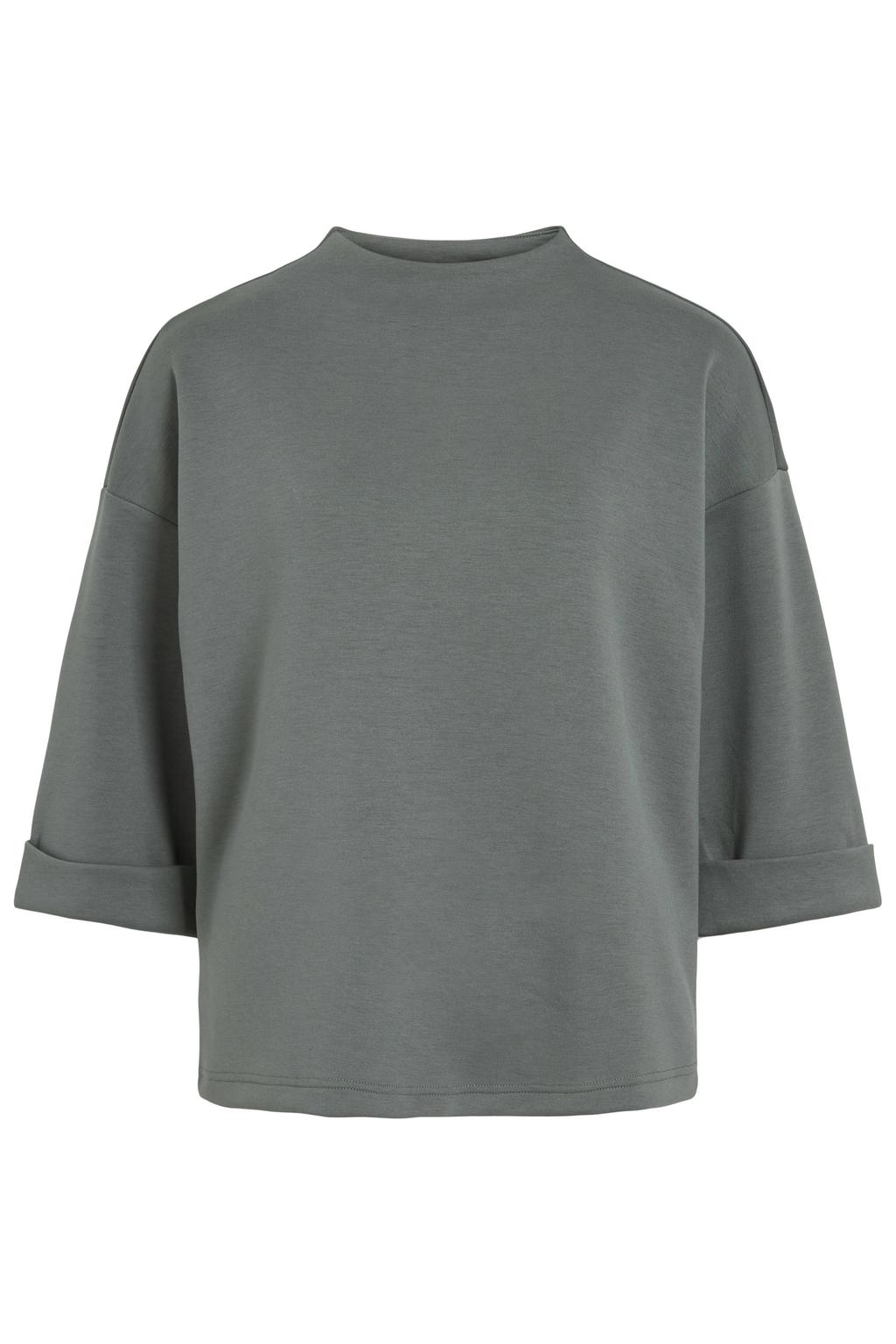 Grijsgroene dames VILA sweater groen met effen, driekwart mouwen, opstaande kraag en omslagdetail
