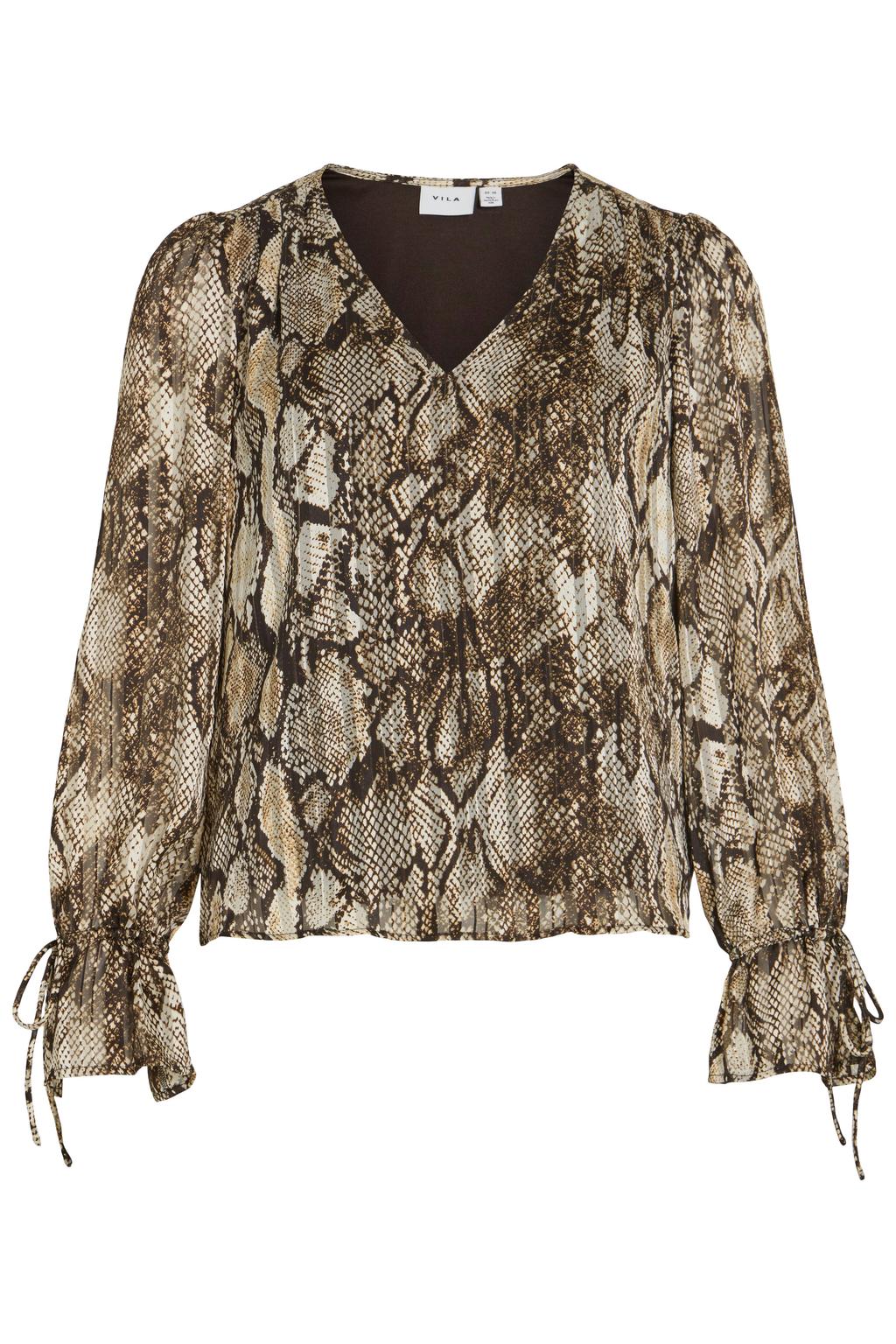 Lichtbruin en donkerblauwe dames VILA semi-transparante top van polyester met dierenprint, lange mouwen, V-hals en mesh