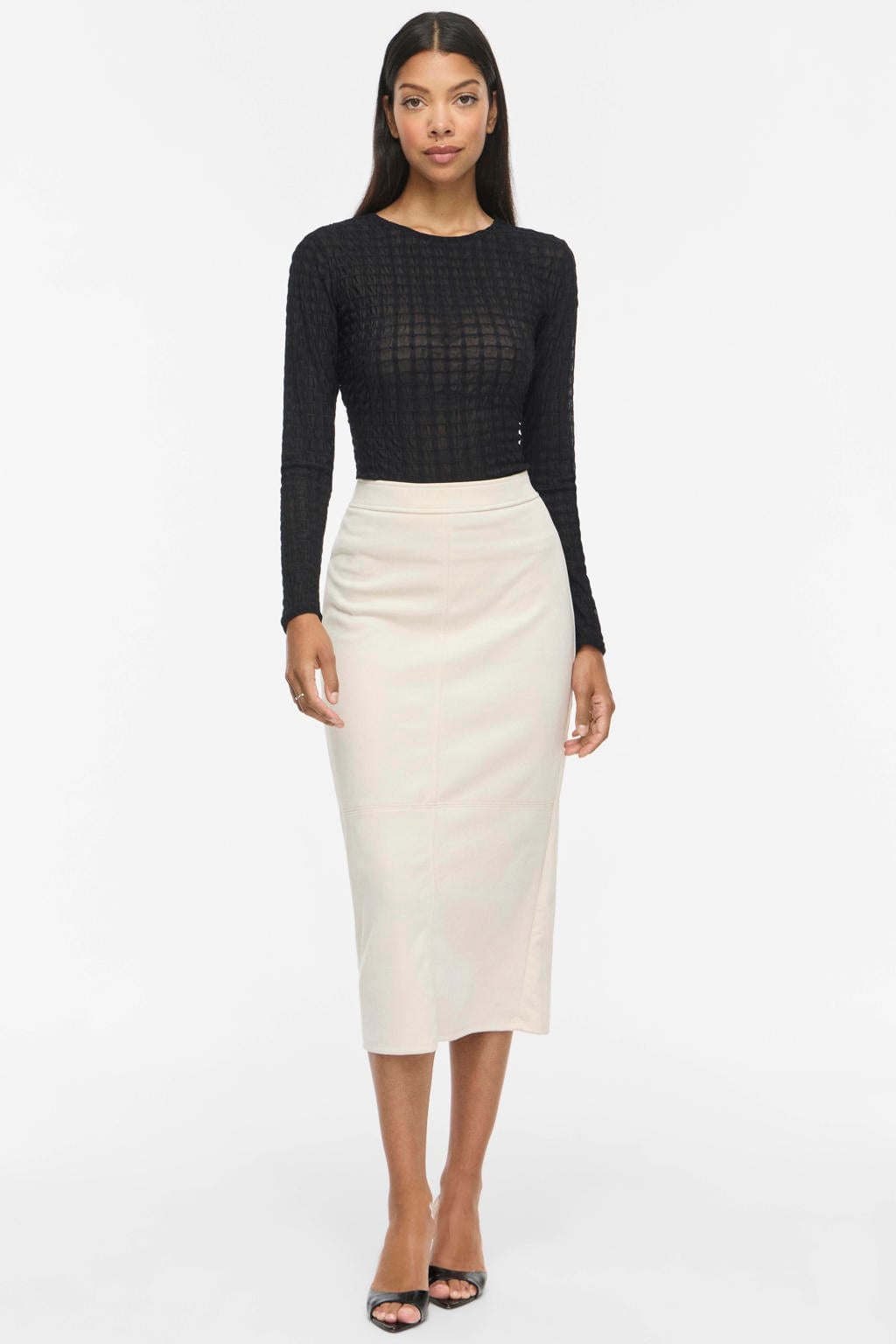Zwarte dames VILA semi-transparante top van mesh met effen, lange mouwen, ronde hals en mesh