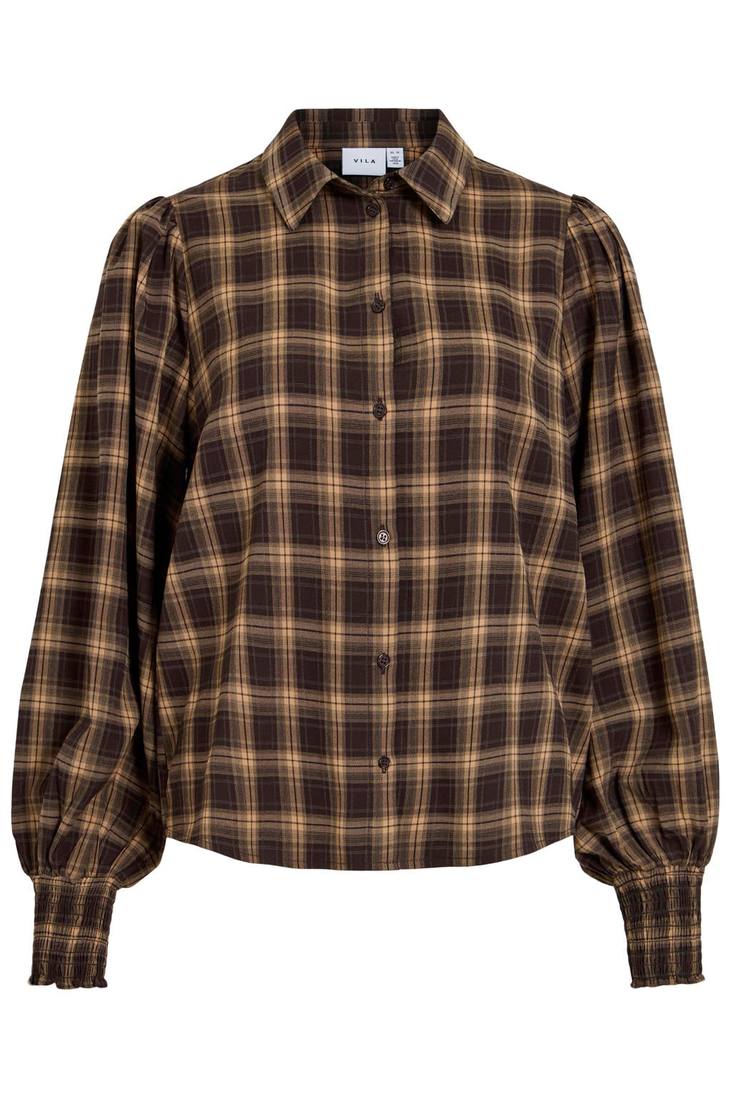 VILA geruite blouse met smockwerk - bruin