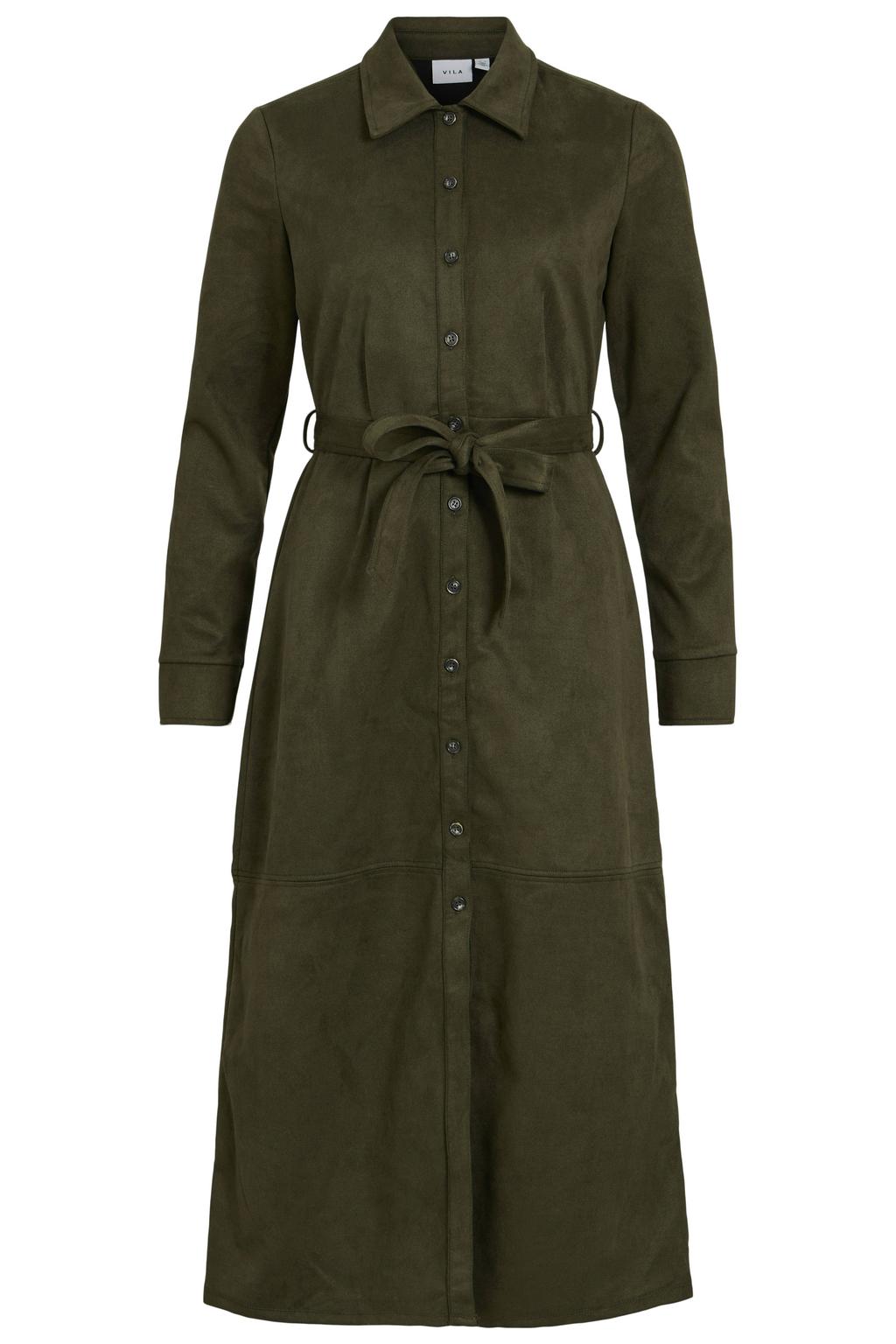 Donkergroene dames VILA suèdelook midi blousejurk met effen, lange mouwen, klassieke kraag, knoopsluiting en ceintuur