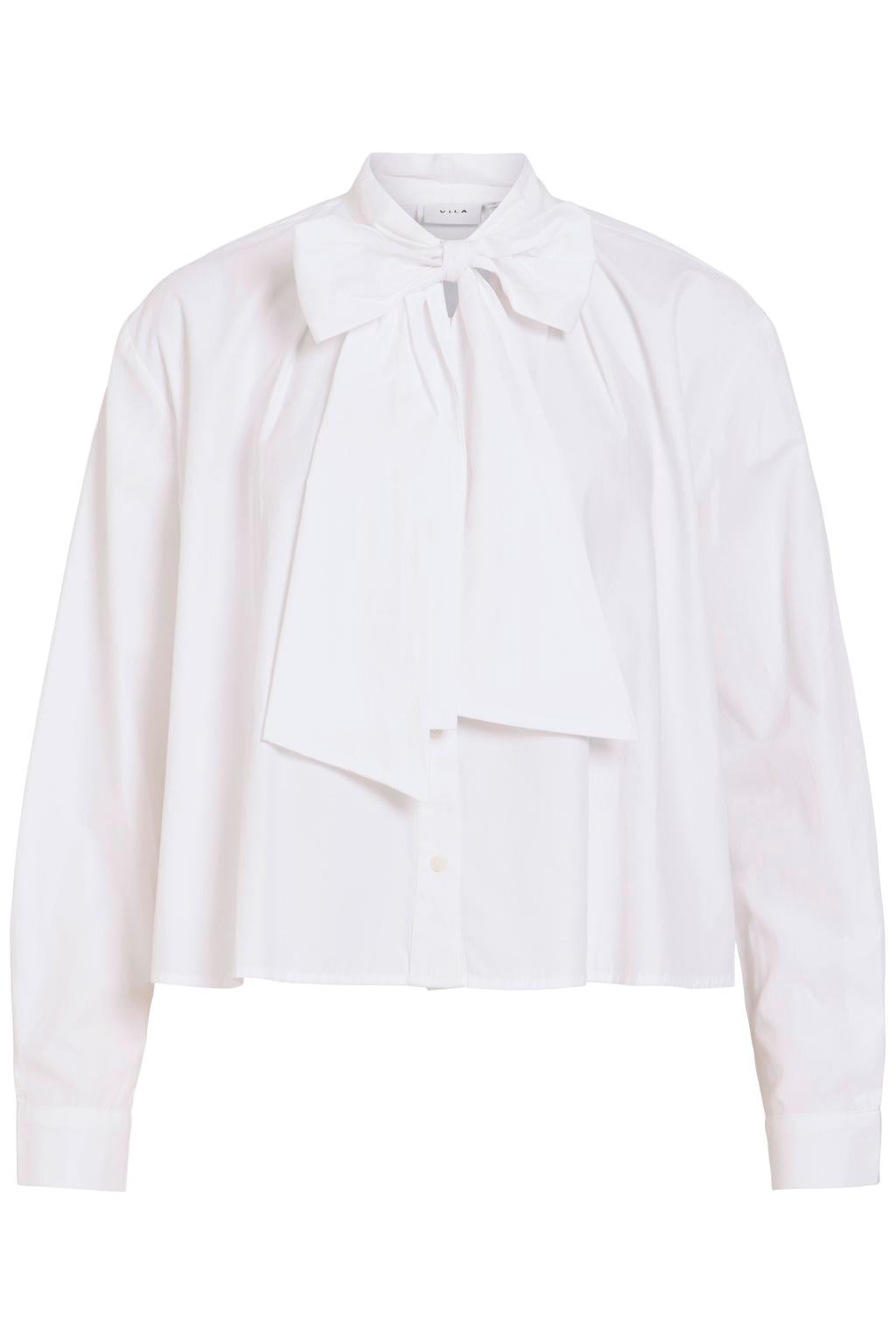 Witte dames VILA blouse van polyester met effen, lange mouwen, strikkraag, knoopsluiting en plooien