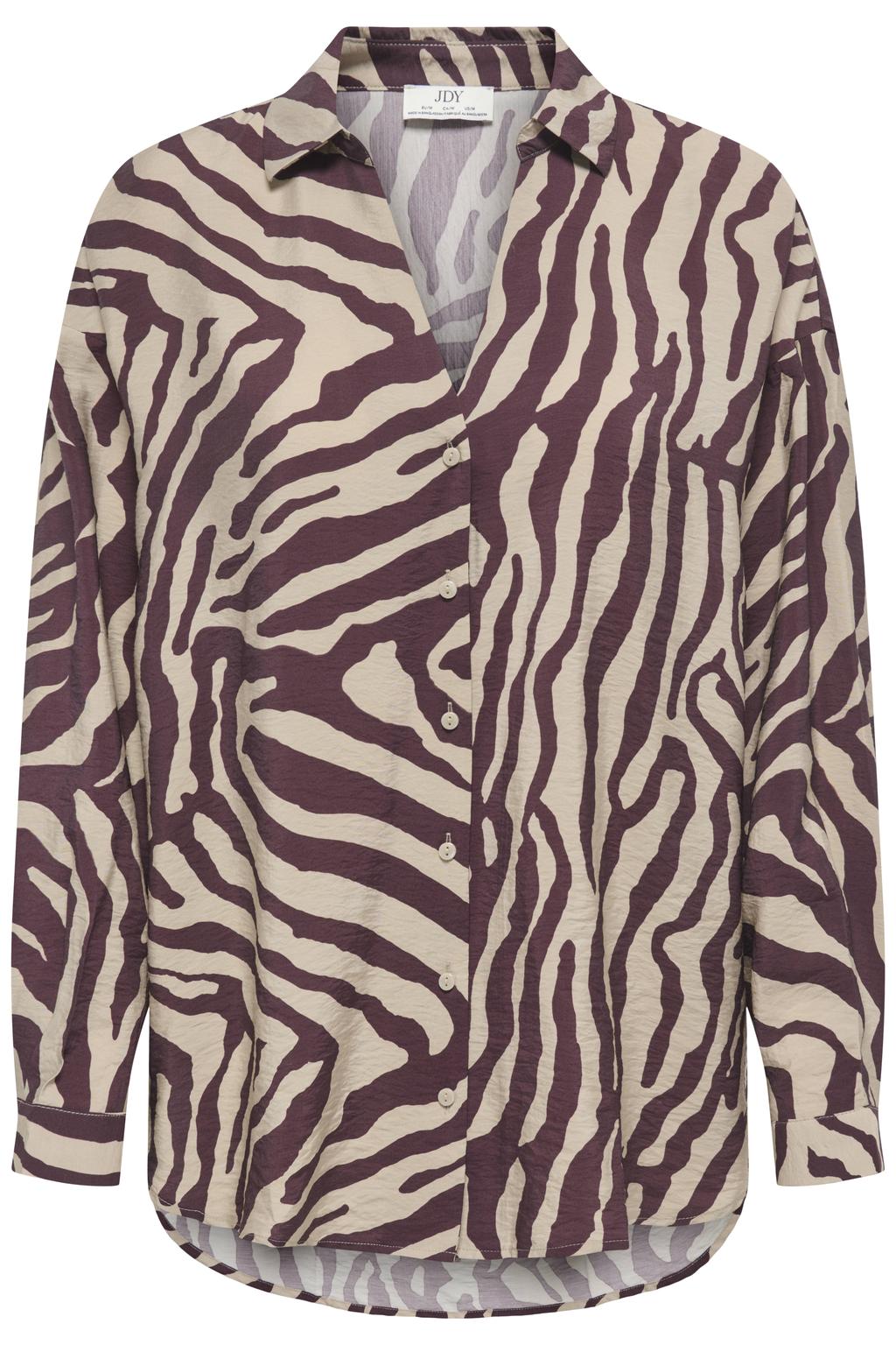 Donkerrode dames JDY blouse van viscose met zebraprint, lange mouwen, klassieke kraag, knoopsluiting en geweven detail