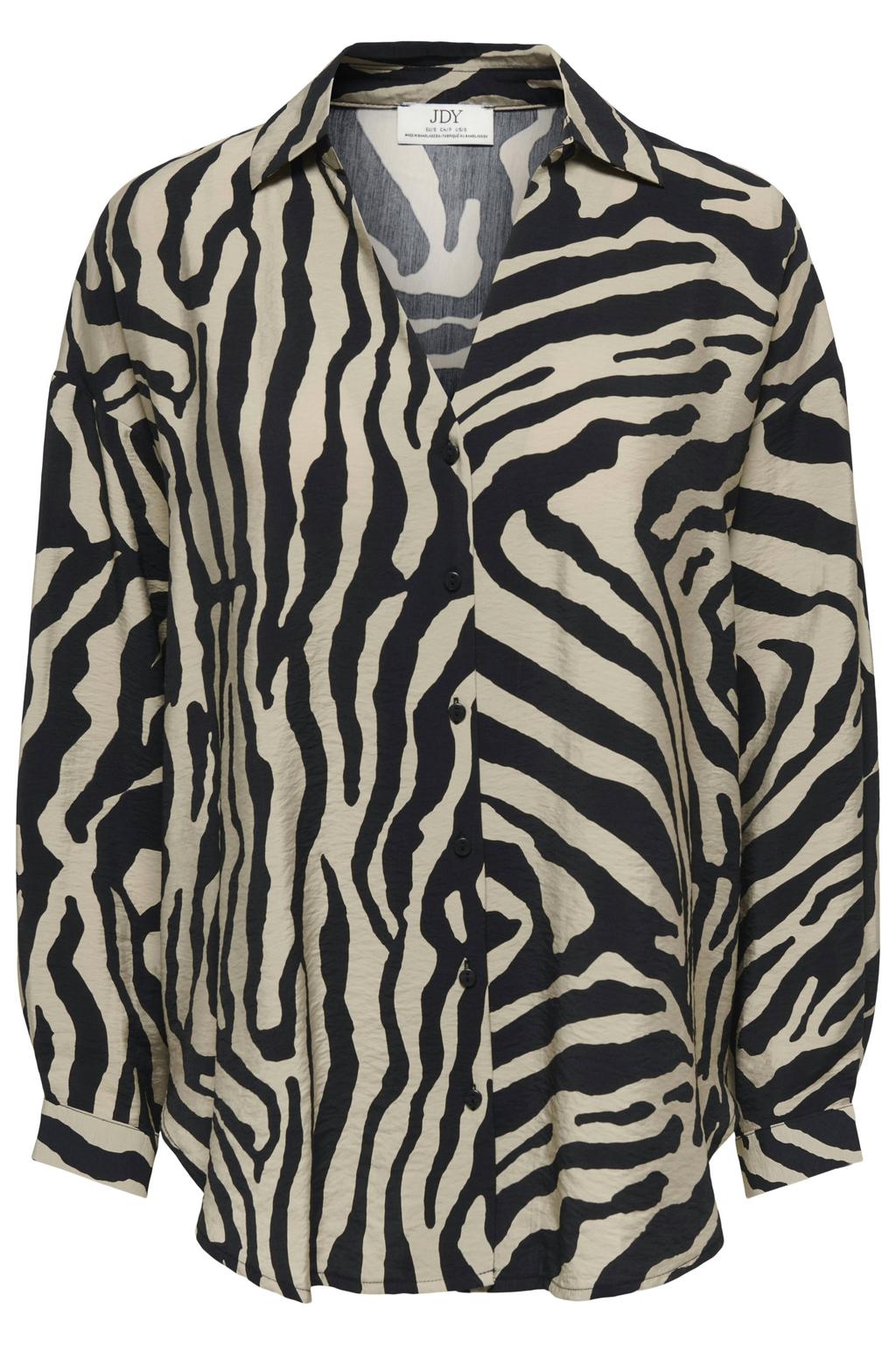 Zwarte dames JDY blouse van viscose met zebraprint, lange mouwen, klassieke kraag, knoopsluiting en geweven detail