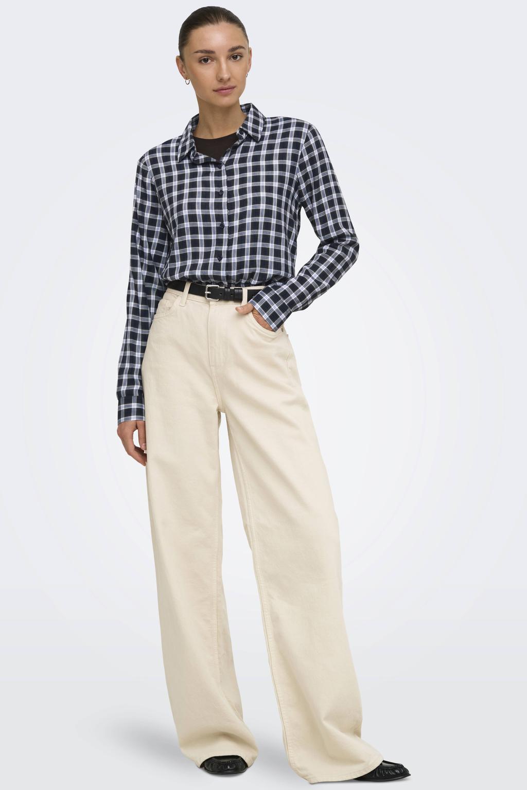 Zwarte dames JDY geruite blouse van modal met lange mouwen, klassieke kraag, knoopsluiting en geweven detail