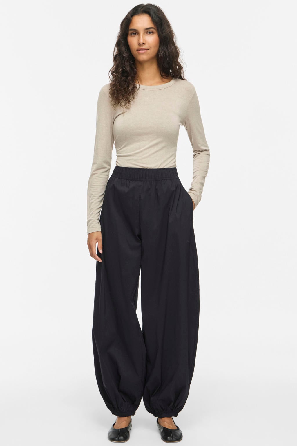 Zwarte dames VILA ballonbroek van katoen met high waist, elastische tailleband en effen
