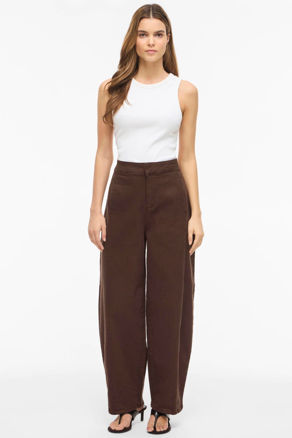 Donkerblauwe dames VILA wide leg jeans van denim met high waist, rits- en haaksluiting en effen