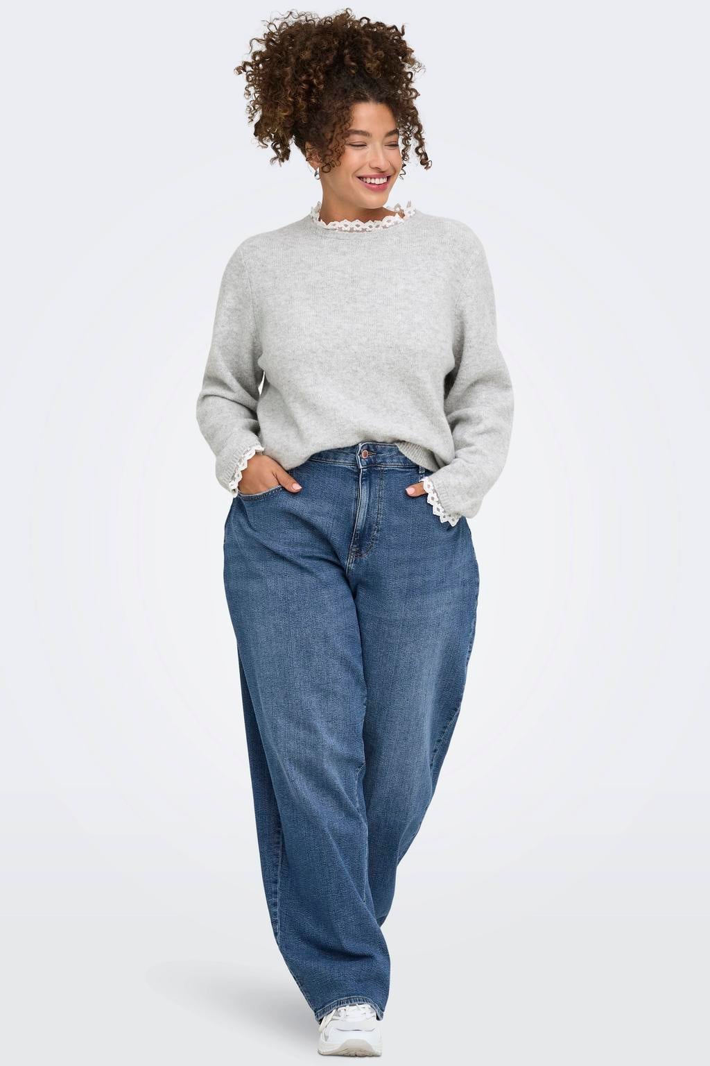 ONLY CARMAKOMA Plus Size gebreide trui met ruches en wol - grijs