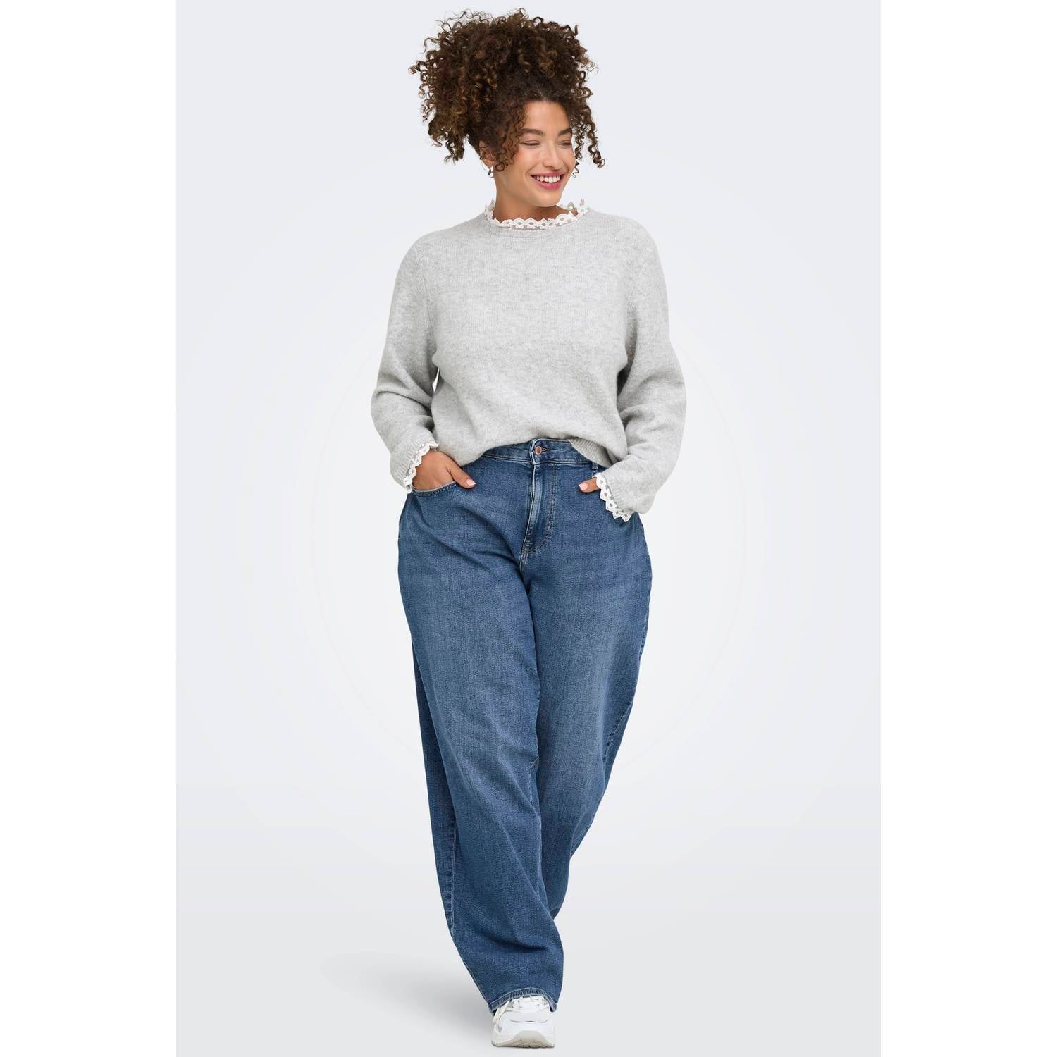 ONLY CARMAKOMA Plus Size gebreide trui met ruches en wol grijs