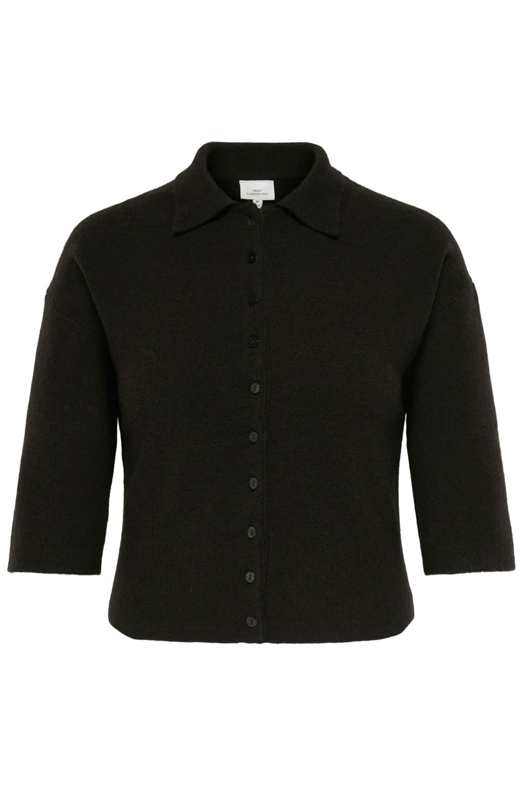 Zwarte dames ONLY CARMAKOMA gebreid vest Plus Size met effen, driekwart mouwen, polo kraag en knoopsluiting