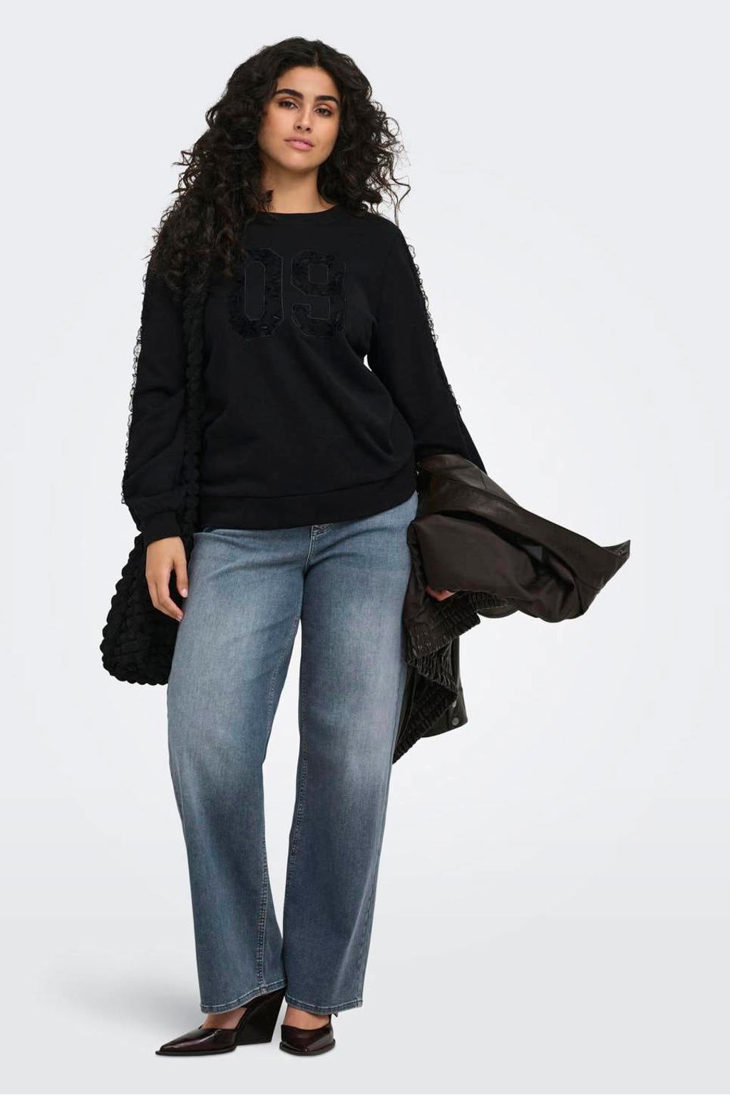 Zwarte dames ONLY CARMAKOMA Carbeatrix L S O-Neck Swt Jrs sweater Plus Size van katoen met tekst print en lange mouwen