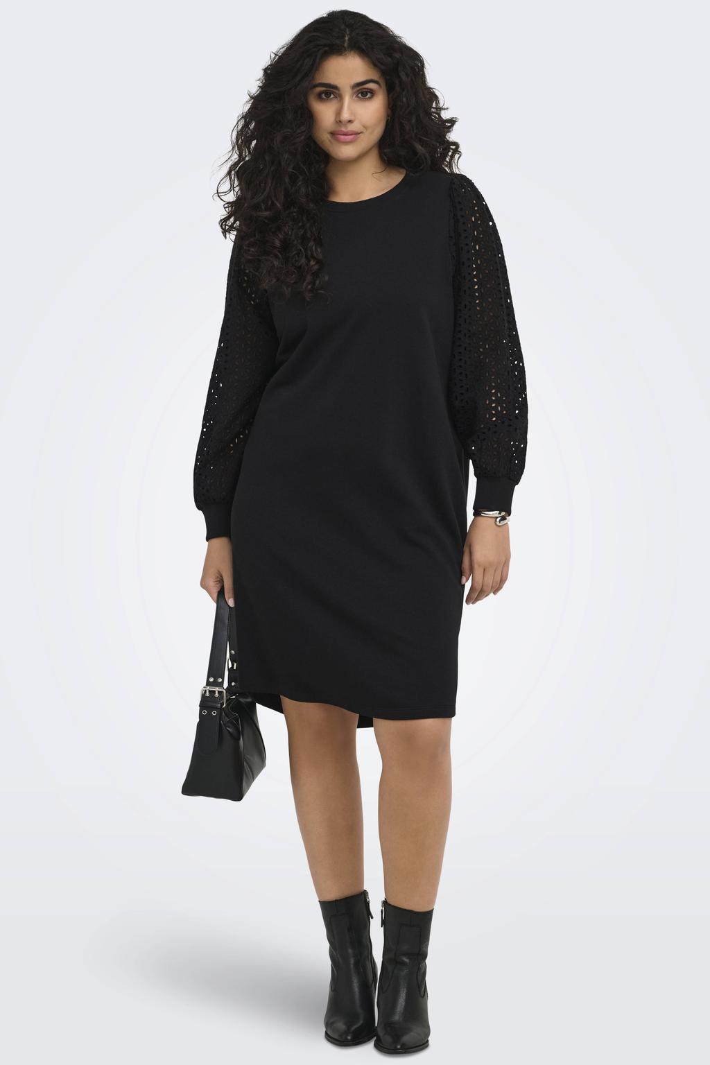 Zwarte dames ONLY CARMAKOMA mini jurk Plus Size van katoen met effen en lange mouwen
