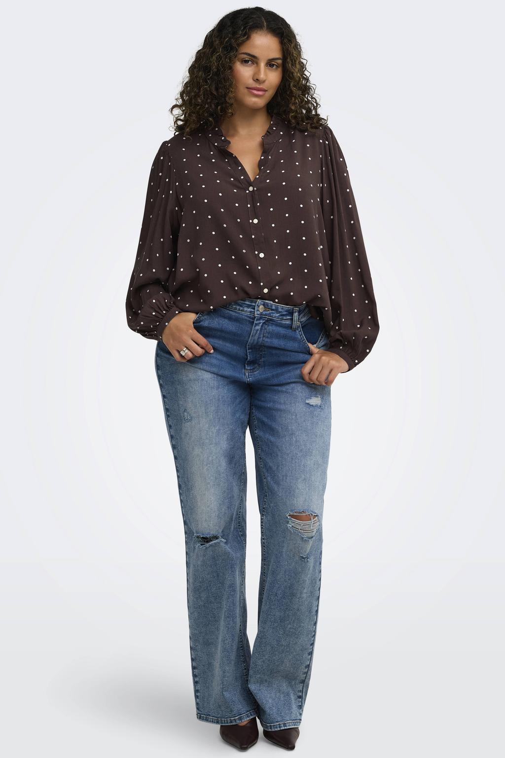 Donkerblauwe dames ONLY CARMAKOMA blouse Plus Size van modal met stippenprint, lange mouwen, klassieke kraag, knoopsluiting en geweven detail