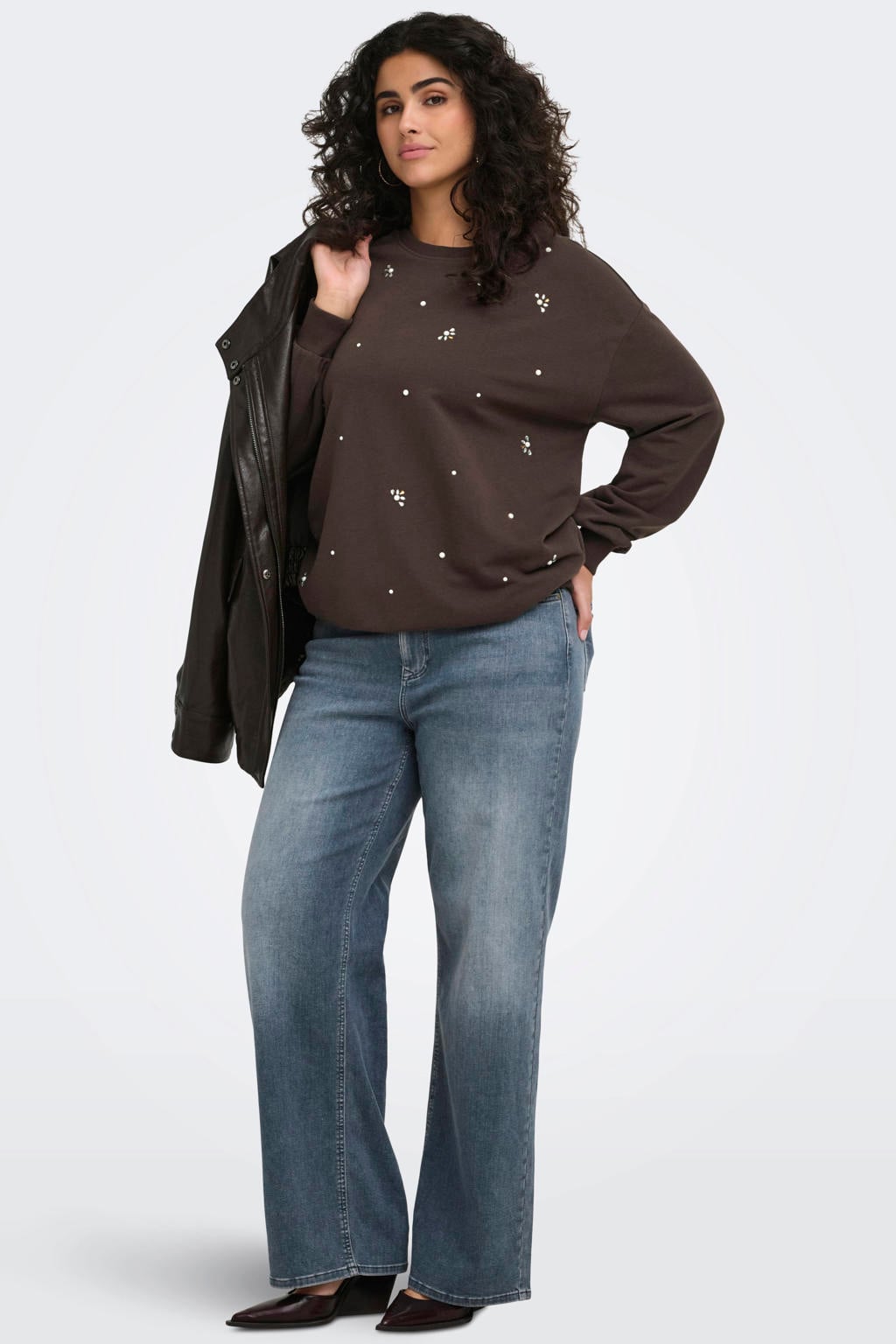 Donkerblauwe dames ONLY CARMAKOMA katoenen sweater Plus Size met lange mouwen