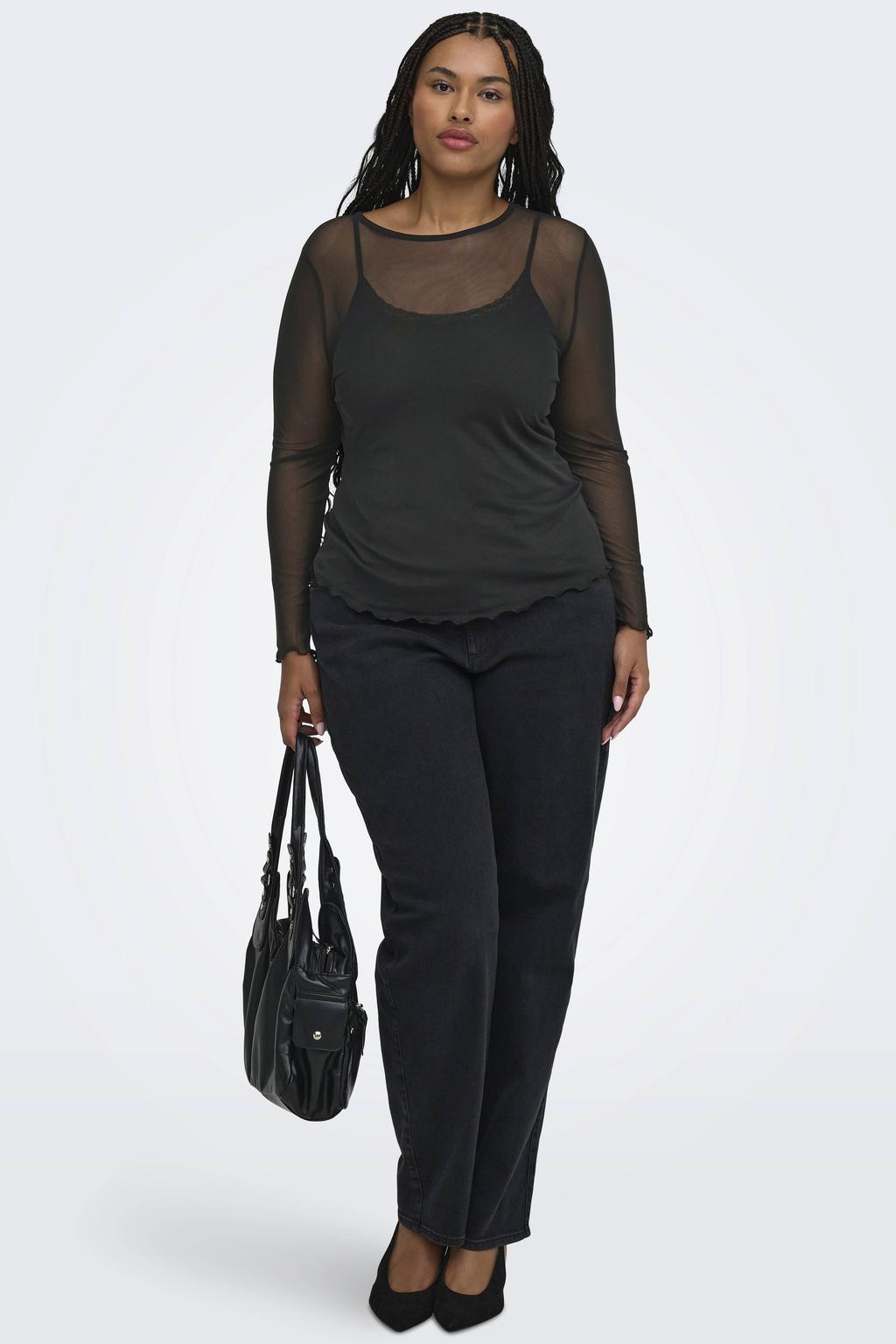 Zwarte dames ONLY CARMAKOMA top Plus Size van mesh met effen, lange mouwen en mesh