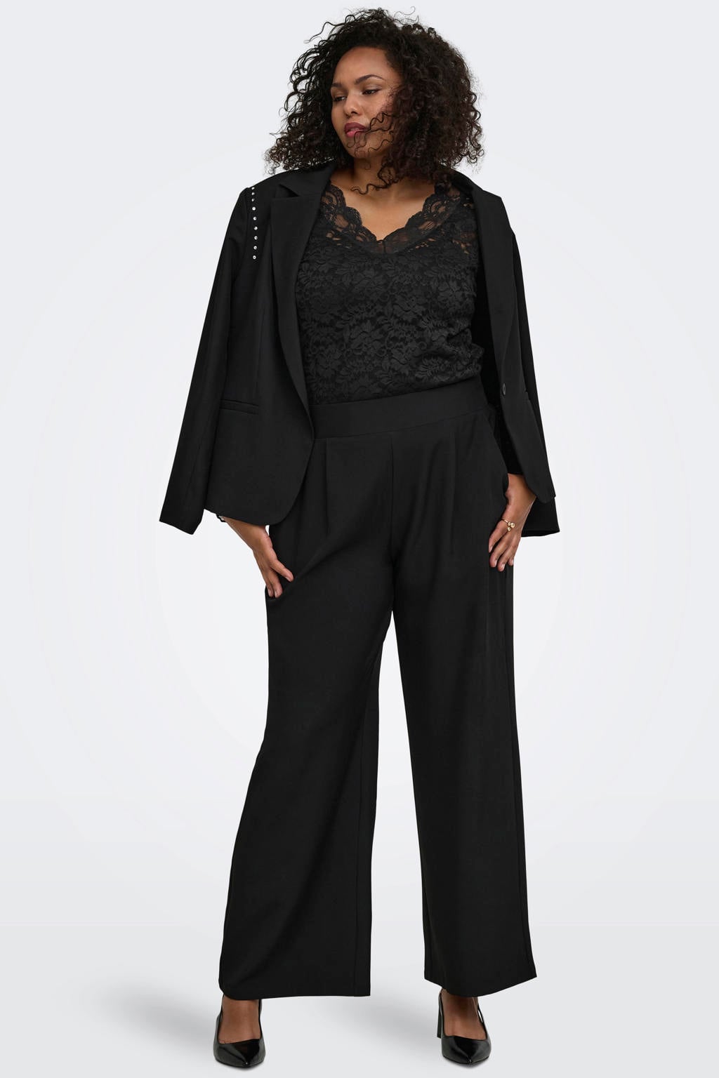Zwarte dames ONLY CARMAKOMA kanten gebloemde top Plus Size met lange mouwen