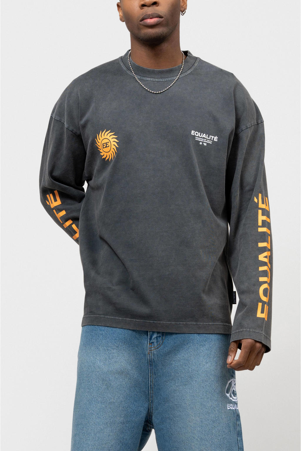 Grijze heren Equalité oversized longsleeve van katoen met backprint, lange mouwen en ronde hals
