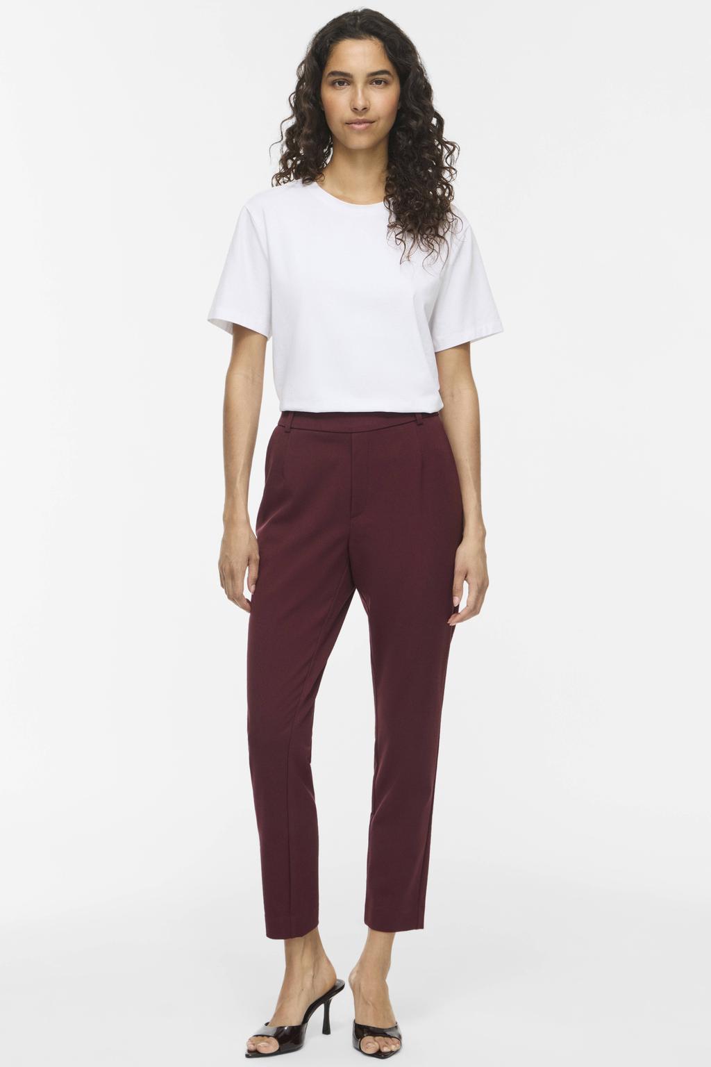 Donkerrode dames VILA relaxed fit cropped broek van polyester met regular waist, elastische tailleband en effen