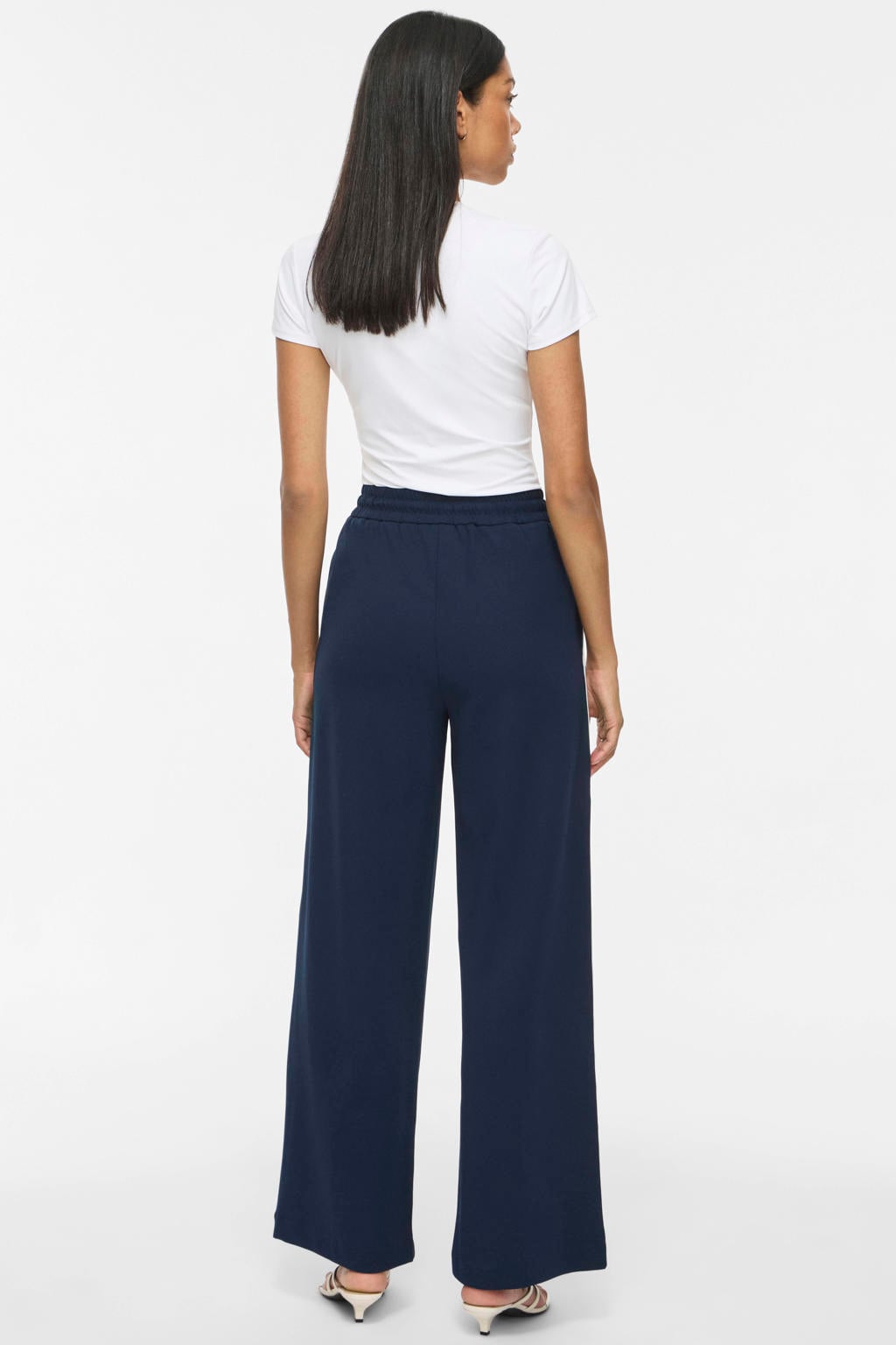 Marine en ecru dames VILA wide leg casual broek blauw met high waist, elastische tailleband met koord en effen